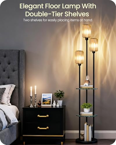 Black Floor Lamp with Shelves, Modern Floor Lamp with 3 Crystal Shades and Foot Switch, 3-Light Standing Lamp, for Living Room, Bedroom, Study, Office, Black B53LD05 - color: Black + Crystal Glass