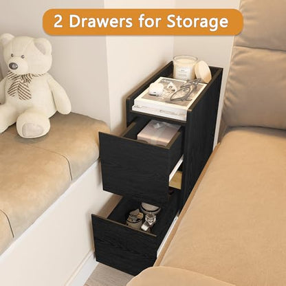 Narrow Night Stands, Modern Slim Nightstand Set of 2, Wooden Skinny Bedside Table 2 Drawers, Stackable Narrow Side Table with Drawers for Small Spaces, Bedroom, Living Room, Black - color: Black (2pcs)