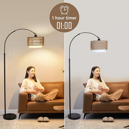 eyassi Arc Floor Lamp with Remote, Modern LED Floor Lamp with Dimmable Bulb, Boho Farmhouse Standing lamp with Fabric & Rattan Lampshades, Height Adjustable Black Tall Lamp for Living Room Bedroom - style: Farmhouse