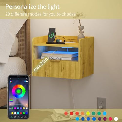 Veegle Floating Nightstand with Charging Station and LED Lights (Yellow Oak) - color: Yellow Oak