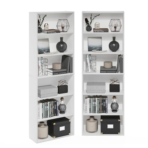 Furinno Jaya Book Shelf Set of 2, 6-Tier Bookshelf, Bookcase, 9.5 x 24.6 x 71, for Home Office, Living Room, White - color: White, size: Set of 2, 6-Tier