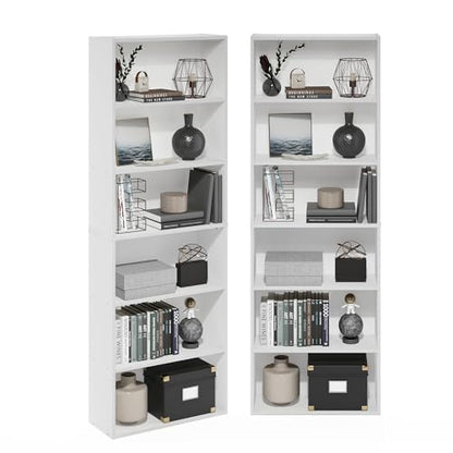 Furinno Jaya Book Shelf Set of 2, 6-Tier Bookshelf, Bookcase, 9.5 x 24.6 x 71, for Home Office, Living Room, White - color: White, size: Set of 2, 6-Tier