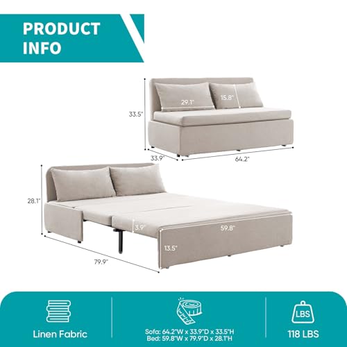 BALUS 64" W Queen Size Pull Out Sleeper Sofa Bed Couch with Pullout Bed | 2 in 1 Convertible Linen Loveseat Sofa Sleepers with Pillows and Tri-fold Mattress for Small Space Loft Home Office, Beige - color: Beige, size: Queen