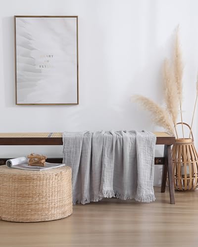 100% Cotton Muslin Throw Blanket for Bed, Couch, Small, Decorative, Soft, Pre-Washed, Breathable and Lightweight Gauze Blanket with Tassels(Light Grey, 50"x60") - color: Light Grey