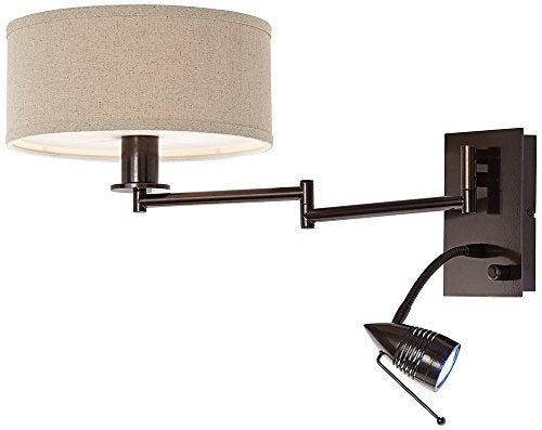 Radix Swing Arm Wall Lamp with LED Reading Modern Light Fixture | Adjustable Cord Bronze Plug-In Oatmeal Fabric Drum Shade Bedroom Bedside House Living Room Home Hallway Dining - color: Bronze