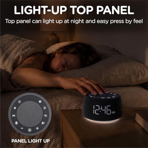 White Noise Alarm Clock for Bedroom, Night Light, Bluetooth Audio | 18 soothing sounds, Bluetooth speaker, ambient light ring, adjustable alarm volume, USB charger, dimmable digital clock - color: Black