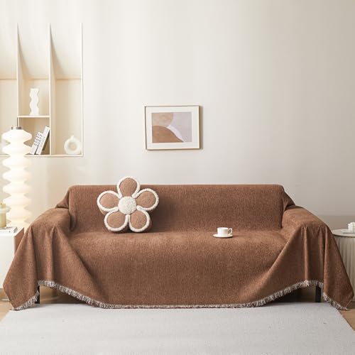 MMEETSKY Small Couch Cover Sofa Covers Washable, Chenille Soft Throws Cover for Loveseat, Sofa Slipcover Multi-Use Furniture Protector for Dogs Pets, 71" x 102", Camel - color: Tassels Edge-camel, size: 71"x 102"