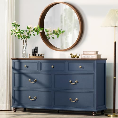 Joaxswe Farmhouse 54" 7 Drawers Dresser for Bedroom, Wide Chest of Drawers w/ 4 Wooden Legs, Vintage Rustic Large Closet Storage Dressers Organizer for Hallway, Wood TV Stand for Living Room, Blue - color: Navy Blue, size: 16"D x 54"W x 32"H (7 Drawers)