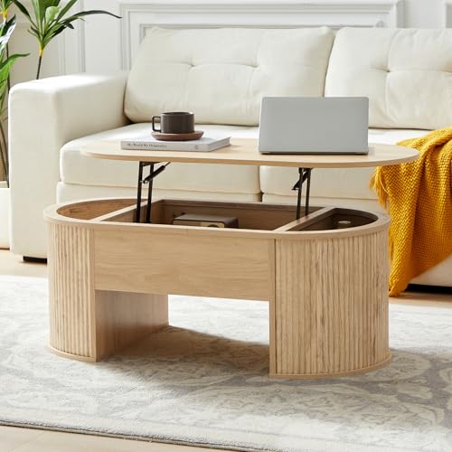 QHITTY Fluted Coffee Table with Lifting Top, Oval Wood Lift Top Coffee Table with Hidden Compartment, Mid Century Pull up Center Tables for Living Room, Office - Natural - color: Round Table-natural