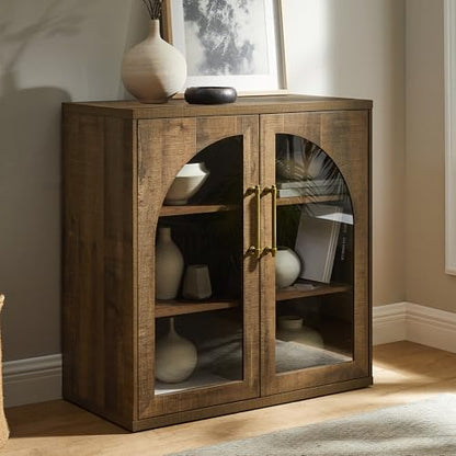 Glass Arched Door Sideboard Buffet Cabinet Set of 2, Rustic Oak | Modular, Multi-Compartment Storage, Adjustable Shelf, Soft Close Hinges, Freestanding, for Dining Room, Living Room - color: Rusti Brown