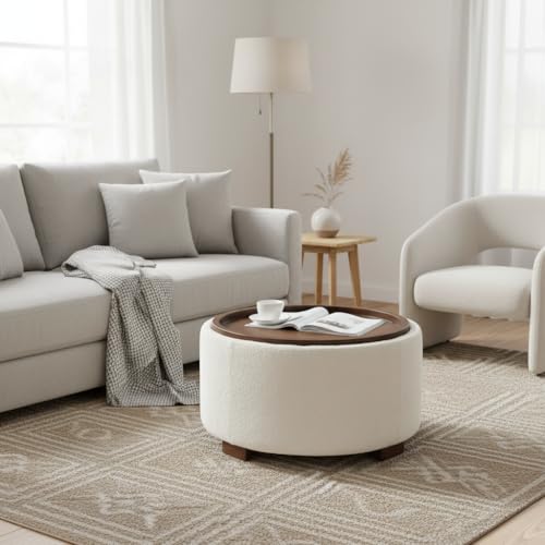 Zihanhome 30 Inch Round Storage Ottoman, Ottoman Coffee Table with Lift Off Lid, Boucle Modern Ottomans with Storage for Living Room, Bedroom, Apartments (Beige) - color: Beige