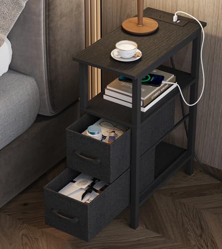 2 Set Narrow Side Table for Small Spaces, Skinny End Table with Charging Station, Sofa Beside Table with 2 Fabric Drawers and 1 Open Compartment, Slim Nightstand with USB Ports Outlet, Black UTBT004B2 - color: Black