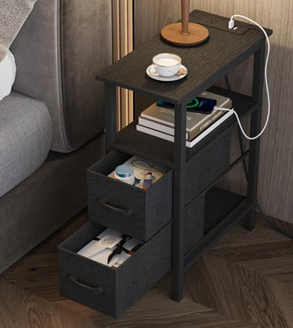 2 Set Narrow Side Table for Small Spaces, Skinny End Table with Charging Station, Sofa Beside Table with 2 Fabric Drawers and 1 Open Compartment, Slim Nightstand with USB Ports Outlet, Black UTBT004B2 - color: Black