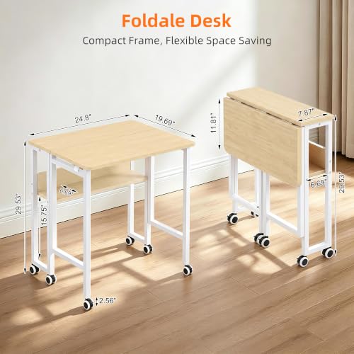 VECELO Folding Desk with Upgraded Wheels, 24.8 Inch Rolling Computer Table with Storage Shelf, Space Saving Sofa Table, Portable Mobile Workstation Small Spaces, Easy Assembly, Light Oak - color: Light Oak