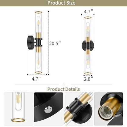 Rayogale Black & Gold Wireless Battery Operated Wall Sconces with Remote | Glass Rechargeable Wall Lights Set of 2 with Timer Function Dimmable for Living Room Bedroom Emergency 3000K, 20.5 Inch - color: Black Gold(Clear Tubular Lampshade)