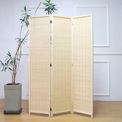 3 Panel Room Divider and Folding Panel Screen,Bamboo Panel Divider Screen for Room Separation,Beige,67" H x 46" W - color: Beige, size: 3 Panel