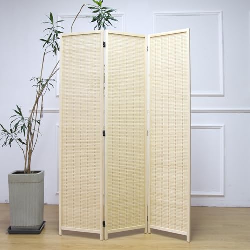 3 Panel Room Divider and Folding Panel Screen,Bamboo Panel Divider Screen for Room Separation,Beige,67" H x 46" W - color: Beige, size: 3 Panel