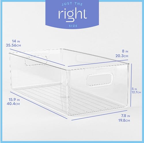Plastic Food Storage 4 Pack Clear Container Bin with Handles for Organizing Kitchen, Pantry, Refrigerator, Freezer, Pantry, Cabinet, Closet, Bathroom. 14”x8”x5” - size: 14x8x5