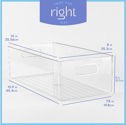 Plastic Food Storage 4 Pack Clear Container Bin with Handles for Organizing Kitchen, Pantry, Refrigerator, Freezer, Pantry, Cabinet, Closet, Bathroom. 14”x8”x5” - size: 14x8x5