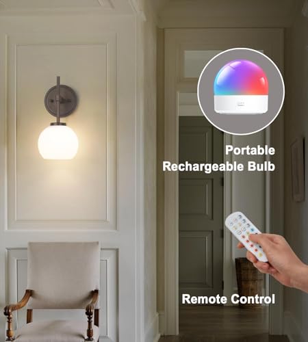 Oil Rubbed Bronze Wireless Rechargeable Wall Sconces Set of 2, Battery Operated Wall Lights with Remote Control, LED Dimmable Wall Lamp with Opal White Glass Shade, 12 Colors RGB & 3 CCT Bulb - color: Oil Rubbed Bronze & Opal Glass, size: Battery 12 Inch