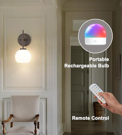 Oil Rubbed Bronze Wireless Rechargeable Wall Sconces Set of 2, Battery Operated Wall Lights with Remote Control, LED Dimmable Wall Lamp with Opal White Glass Shade, 12 Colors RGB & 3 CCT Bulb - color: Oil Rubbed Bronze & Opal Glass, size: Battery 12 Inch