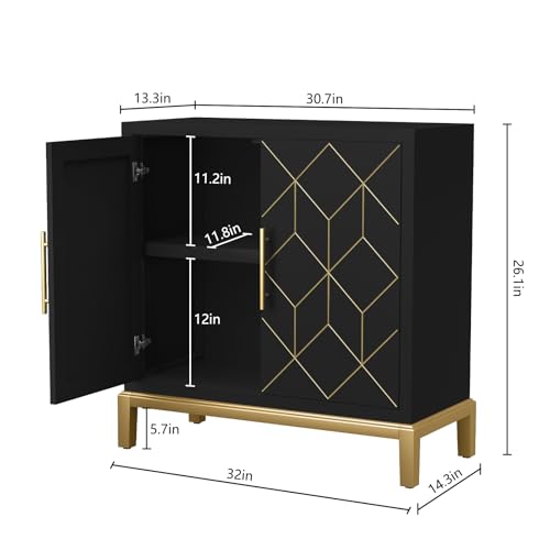 HLR Accent Cabinet with Gold Trim Set of 2,Storage Cabinet with 2 Doors,Modern Wooden Sideboard for Living Room, Kitchen, Office and Hallway(Black) - color: Black, size: 2 piece