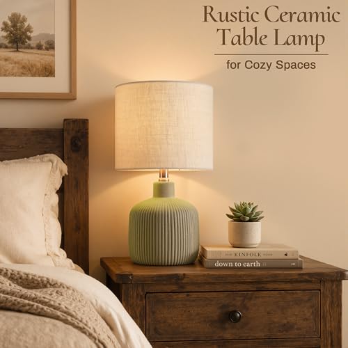 Ceramic Table Lamp, Oliver Green, 17.75" | Beige Linen Shade, Warm Ambient Lighting, Bedside Nightstand, Natural - color: Green