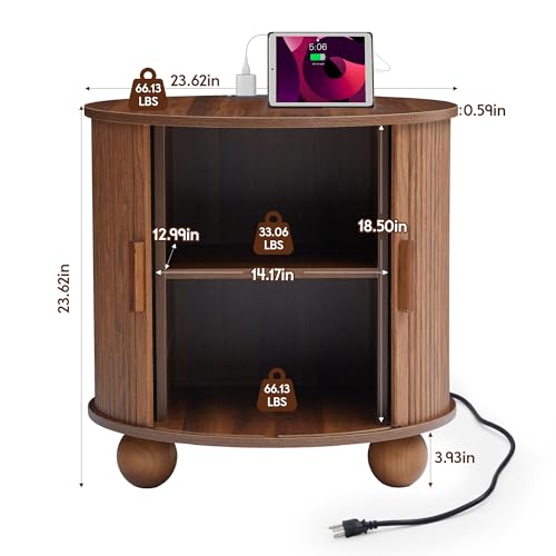 24" End Table with Charging, Night Stand Side Table with Storage | Walnut End Table, Round Fluted Wood Night Stand, Mid-Century Side Table with Sliding Door for Living Room Bedroom - color: Walnut, size: 24"-Round