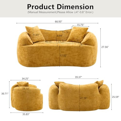 67" Curved Loveseat Sofa with 2 Pillows, Modern Boneless Couch in a Box, Small Cloud Loveseat for Bedroom Small Space Apartment Living Room, Memory Foam, Chenille, No Assembly (Yellow) - color: Yellow