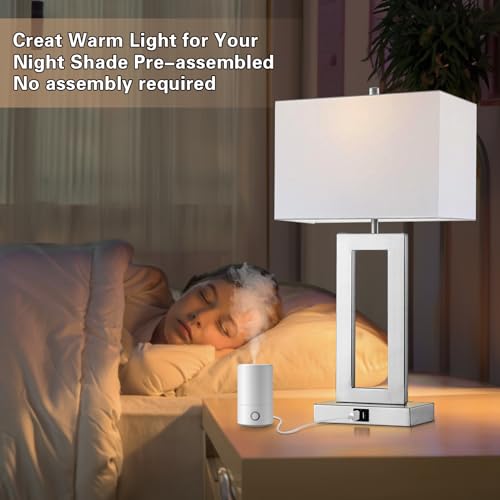 gernehop Silver Table Lamps Set of 2 with Dual USB Ports,3-Way Dimmable Touch Control Bedside Lamps,Modern Bedroom Table Lamp for Living Room,Nightstand LED Bulbs Included - color: 22Inch Silver