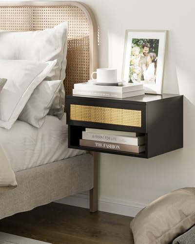 Modern Floating Nightstand with Drawer, Wall Mount Shelves, Black Rattan | Small Space Saver, Modern Minimalist Design, Wall Mounted Shelves, for Bedroom, Bathroom, Living room, Easy Assembly, Rattan - color: Black Rattan