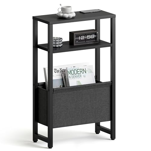 Narrow Side Table, Slim End Table with Magazine Rack, Skinny Bedside Table for Small Spaces, 3 Tier Sofa Couch Table Nightstand for Living Room, Bedroom, Black LET503B - color: Black, style: No Charging Station