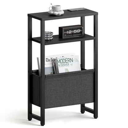 Narrow Side Table, Slim End Table with Magazine Rack, Skinny Bedside Table for Small Spaces, 3 Tier Sofa Couch Table Nightstand for Living Room, Bedroom, Black LET503B - color: Black, style: No Charging Station