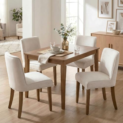 Mid-Century Dining Chairs Set of 4, Linen Fabric Solid White Kitchen Chairs with Walnut Wood Leg Cushioned Back Modern Rustic Side Chairs for Living Room/Kitchen/Dining/Restaurant - color: Linen- White, size: 4 Chairs