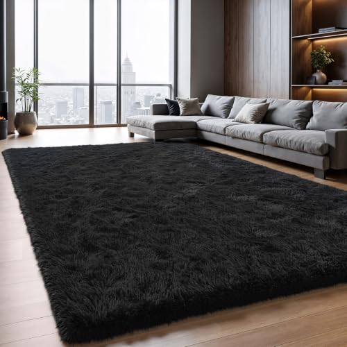 Zentavio Black Area Rugs for Living Room Bedroom 5x8 Large Men Room Carpet Fluffy Furry Shag Aesthetic Plush High Pile Floor Rug for Nursery Kids Room Dorm Home Decor - color: Black, size: 5' x 8' (Rectangular)