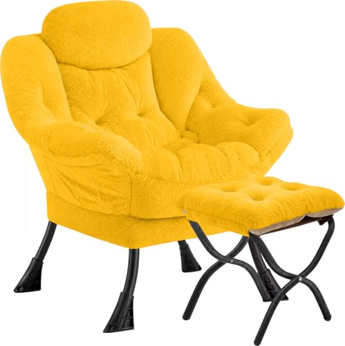 Lazy Chair with Folding Ottoman,Leisure Sofa Chair,Soft Fabric Armchair with Armrests and Side Pockets, Reading Chair with Footrest for Living Room, Bedroom, Office (Plush Yellow) - color: Plush Yellow