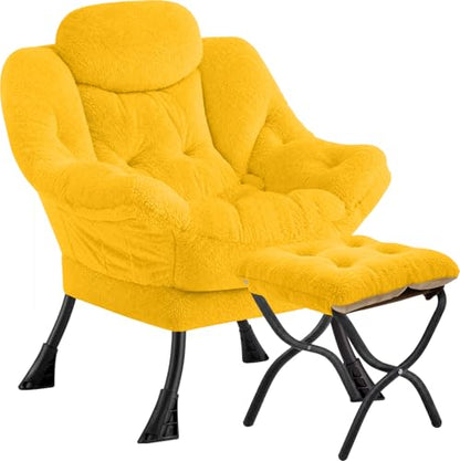 Lazy Chair with Folding Ottoman,Leisure Sofa Chair,Soft Fabric Armchair with Armrests and Side Pockets, Reading Chair with Footrest for Living Room, Bedroom, Office (Plush Yellow) - color: Plush Yellow