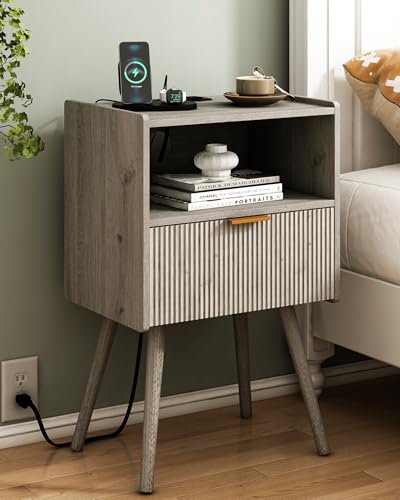 Nightstand with Outlet,Modern Bedside Table with Storage Drawer and Open Wood Shelf, for Living Room, Bedroom and Small Spaces, Accent Night Stand with Solid Wood Legs, Easy Assembly,Grey Oak - color: Grey Oak-outlet