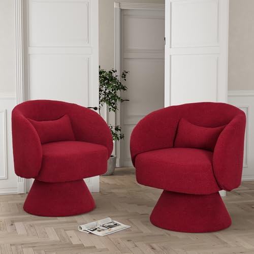 Swivel Barrel Chair Set of 2 , 360 Degree Small Accent Chair, Boucle Red | Modern 360 Degree Swivel Barrel Chair Set, Comfy Small Vanity Accent Chair with Pillow for Living Room,Bedroom,Office - color: Red