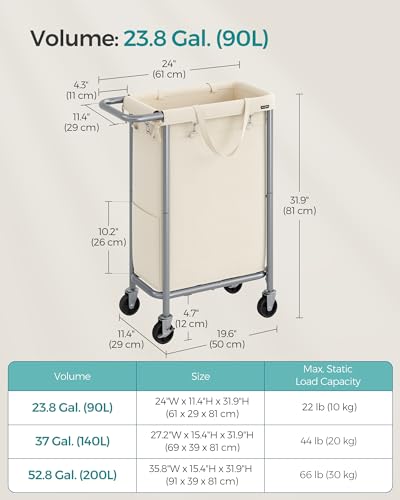SONGMICS Laundry Basket with Wheels, Rolling Laundry Hamper, 23.8 Gallons (90 L), Removable Liner, Steel Frame with Handle, 24 x 11.4 x 31.9 Inches, Cream White URLS003W01 - color: Cream White, size: 90 L (1-Section)