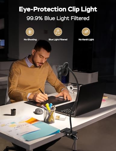 LiFMIRA Clip-on Reading Light - 3 Color Modes, 10 Dimmable Brightness,Black | Eye Care Clamp Desk Lamp with Flexible Gooseneck for Reading in Bed, Desk, Headboard, Computer - color: Black