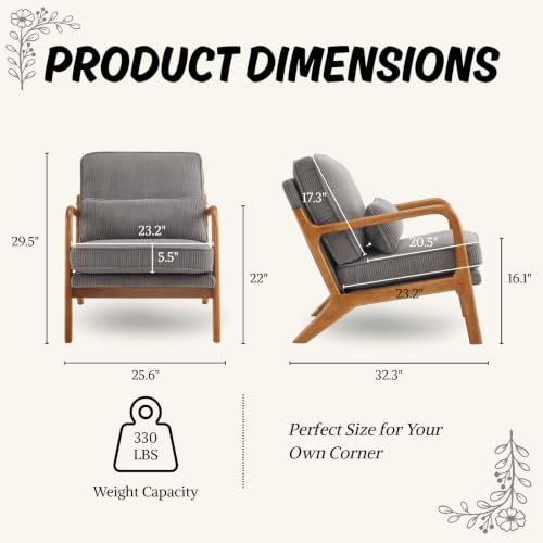 Karl home Mid-Century Modern Accent Reading Chair, Grey | Corduroy Upholstered, Solid Wood Frame, Soft Cushion, Lumbar Pillow, Lounge Armchair for Living Room, Bedroom, Balcony, Study - color: Corduroy Gray