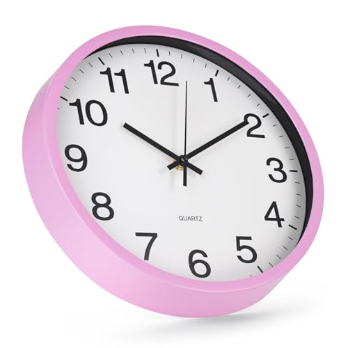 Wall Clock Non-Ticking Silent Quartz Movement Decor Clock Modern Simple Style Round Plastic Wall Clocks for Home/Office/School/Living Room/Bedroom/Kitchen (Pink, 12 Inch) - color: Pink