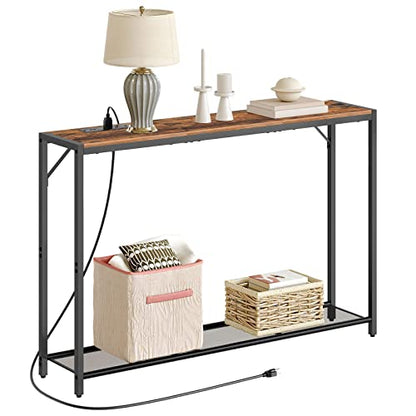 MAHANCRIS 43.7" Console Table with Outlet, Narrow Sofa Table with 2 Shelf | 2 Tier Behind Couch Table, Charging Station, Steel Frame, for Entryway, Living Room, Foyer, Hallway, Office, Rustic Brown - color: Rustic Brown