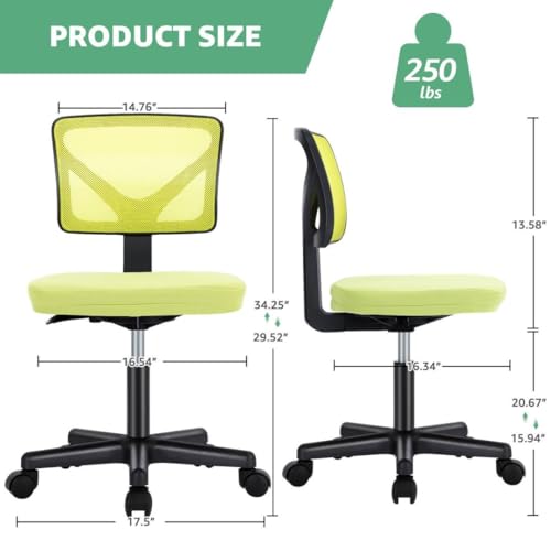 Armless Mesh Office Chair, Ergonomic Low Back Deskchair, Adjustable Rolling Task Computer Swivelchairs for Small Spaces Home Bedroom Study, Yellow - color: Yellow