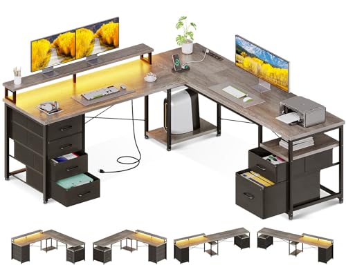 AODK 66" L Shaped Desk, 113" Computer Desk for Home Office and Gaming | Desk with File Cabinet & 4 Fabric Drawers, Monitor Shelf & Power Outlet, Two Person Desk, Gaming Table with LED Light, Grey - color: Grey