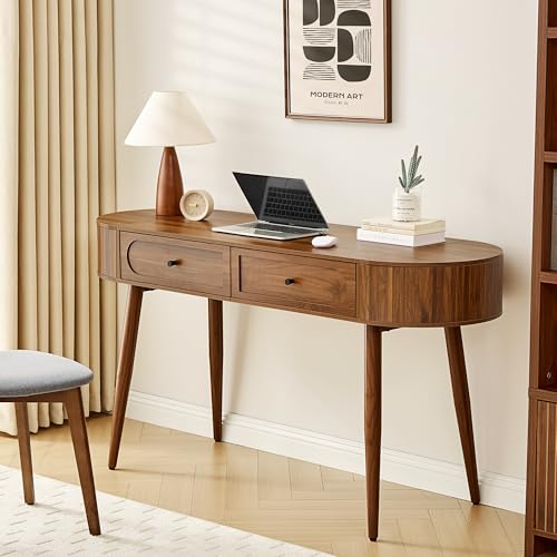 59" Wood Writing Desk, Laptop Desk with Drawer, Vanity Table Study Desk | Mid-Century Writing Desk, Walnut Laptop Desk with 2 Flip Storage and Drawers, 150 CM Elegant Fluted Desk for Office, Bedroom - color: Walnut-59 Inch