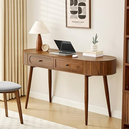59" Wood Writing Desk, Laptop Desk with Drawer, Vanity Table Study Desk | Mid-Century Writing Desk, Walnut Laptop Desk with 2 Flip Storage and Drawers, 150 CM Elegant Fluted Desk for Office, Bedroom - color: Walnut-59 Inch