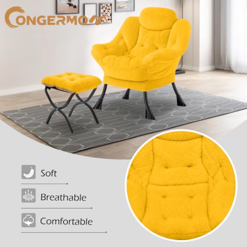 Lazy Chair with Folding Ottoman,Leisure Sofa Chair,Soft Fabric Armchair with Armrests and Side Pockets, Reading Chair with Footrest for Living Room, Bedroom, Office (Plush Yellow) - color: Plush Yellow