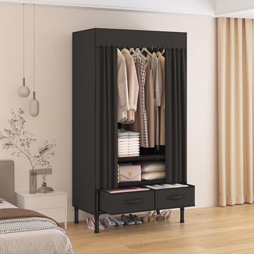 Portable Closet with Drawers 27.5"x17.7"x65.7" Wardrobe Closet Black | Portable Closet for Hanging Clothes, Fabric Drawers and Hanging Rod, Portable Wardrobe Storage for Bedroom or Dorm Use - color: Black-b, size: 27.5" L